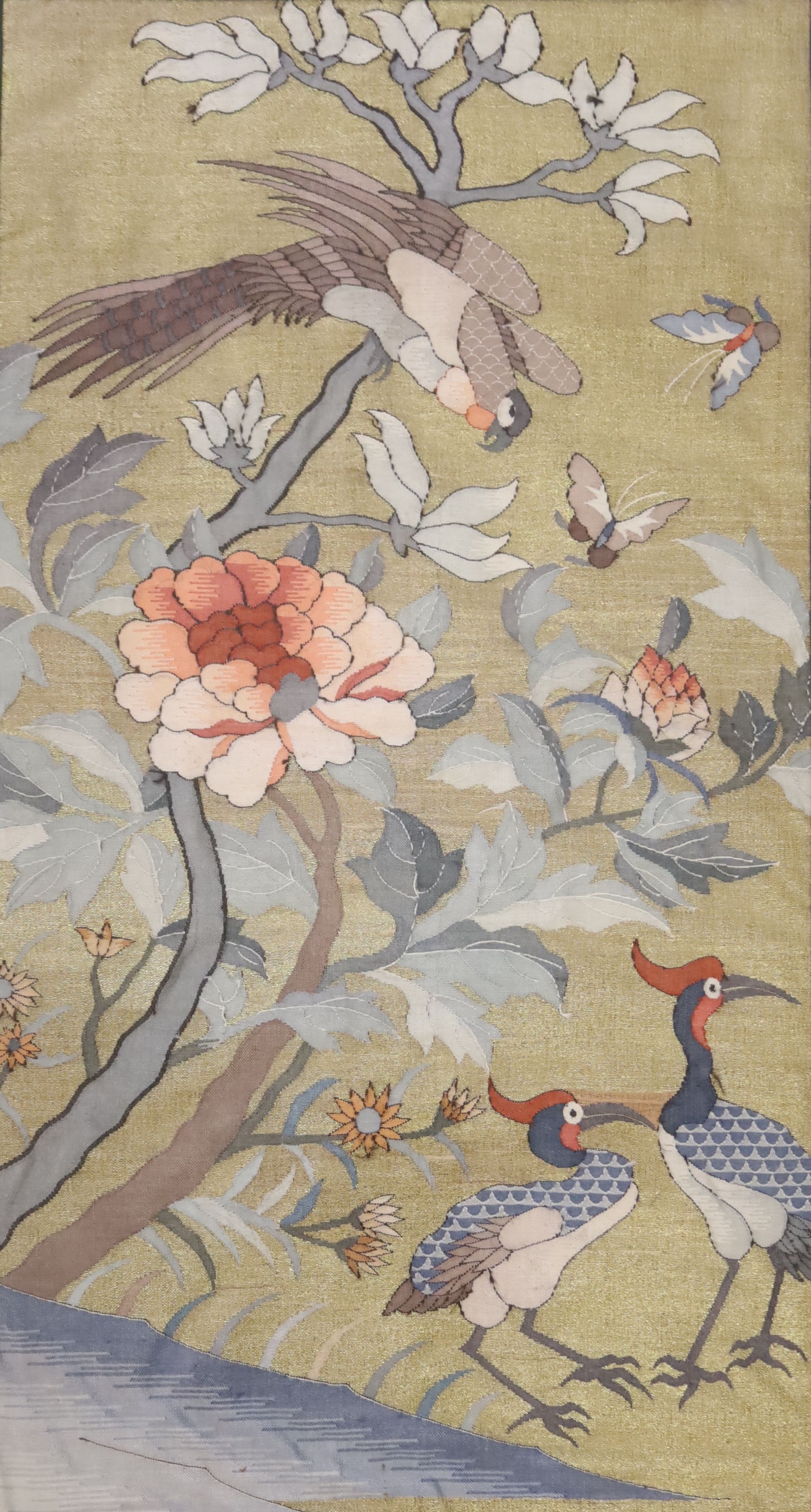 A Chinese silk Kesi panel, gold ground,